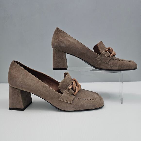 Aquatalia Cathie Chain Loafer Womens 11 Taupe Suede Block Heel Weatherproof - Picture 3 of 15